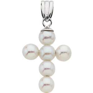 Childrens Freshwater Cultured Pearl Cross 14k White Gold Pendant Necklace (4.5-5mm), 16"