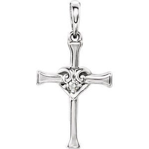 Diamond with Heart Cross Rhodium-Plated 14k White Gold Pendant (.025 Ct, G-H Color, I1 Clarity)