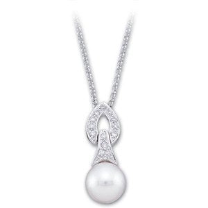 14k White Gold Freshwater Cultured Pearl and Diamond Necklace, 18"
