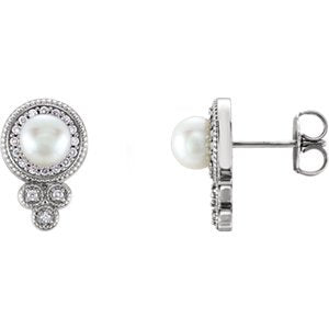 White Freshwater Cultured Pearl and Diamond Earrings, Rhodium-Plated 14k White Gold (5-5.5MM) (0.2 Ctw, G-H Color, I1 Clarity)