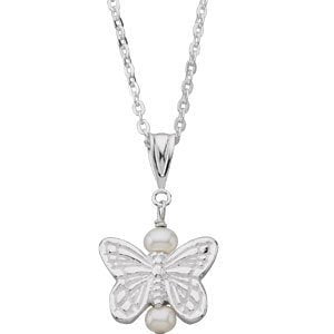 Girl's Sterling Silver White Freshwater Cultured Pearl Butterfly Pendant Necklace, 16" (3-3.25 MM)