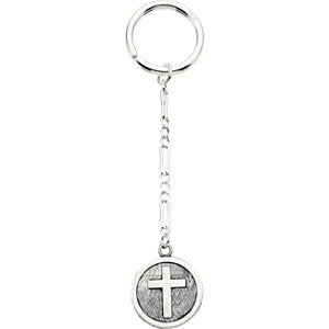Sterling Silver Antiqued Church Cross Medal Key Chain