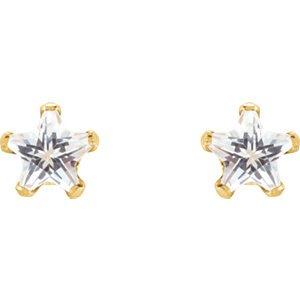Girl's Cubic Zirconia Star Earrings, 14k Yellow Gold