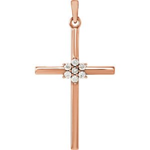 Large 7-Stone Diamond Cluster Christian Cross 14k Rose Gold Pendant (1/10 Ctw) 30.40X16.26MM