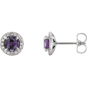 Chatham Created Alexandrite and Diamond Earrings, 14k White Gold (3.5MM) (.16 Ctw, G-H Color, I1 Clarity)