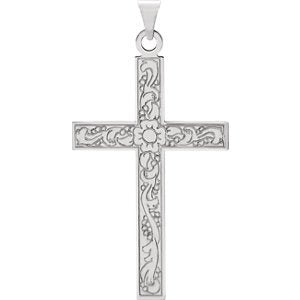 Floral True Cross Rhodium-Plated 14k White Gold Pendant (49x25 MM)