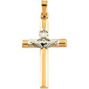 14k Yellow and White Gold Hollow Claddagh Cross Pendant