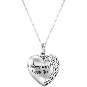Sterling Silver Happy Wife Happy Life Heart Pendant Necklace 18"