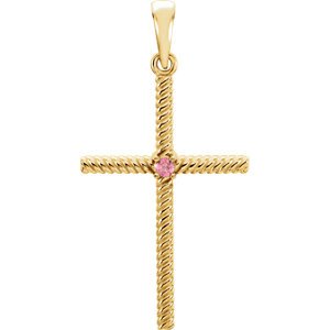 Pink Tourmaline Rope-Trim Cross 14k Yellow Gold Pendant (31.95x16.3MM)