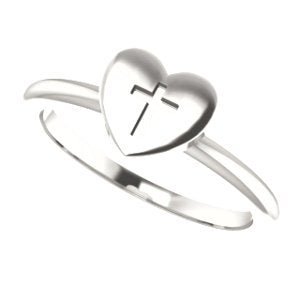 Heart with Cross Sterling Silver Slim Profile Ring, Size 6.5