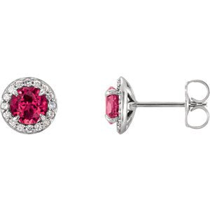Ruby and Diamond Halo-Style Earrings, 14k White Gold (4MM) (.125 Ctw, G-H Color, I1 Clarity)