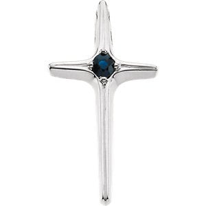 Solitaire Blue Sapphire Cross Rhodium-Plated 14k White Gold Pendant (25.00X14.00 MM)