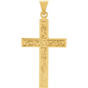 Embossed Flowers Cross 14k Yellow Gold Pendant