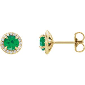 Chatham Created Emerald and Diamond Halo-Style Earrings, 14k Yellow Gold (4.5 MM) (.16 Ctw, G-H Color, I1 Clarity)