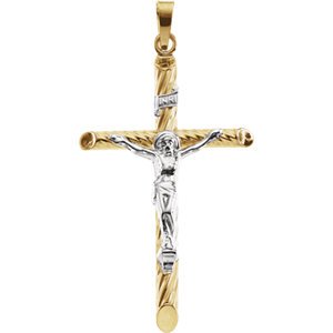 Two-Tone Hollow Tubular Crucifix 14k Yellow and White Gold Pendant (33X21MM)