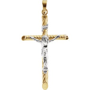 Two-Tone Hollow Tubular Crucifix 14k Yellow and White Gold Pendant (28X18MM)