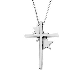 Cross with Stars 'United We Stand' Rhodium Plate Sterling Silver Necklace, 18"