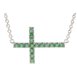 Green CZ Sideways Cross Rhodium-Plated Sterling Silver Necklace, Adjustable 16-18"
