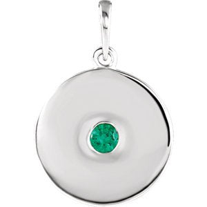 Round Emerald Disc Pendant, Rhodium-Plated 14k White Gold