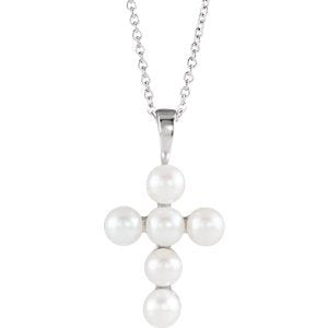 White Freshwater Cultured Pearl Cross Rhodium-Plated 14k White Gold Pendant Necklace, 16" and 18" (22.98X12.39 MM) (4-4.5MM)