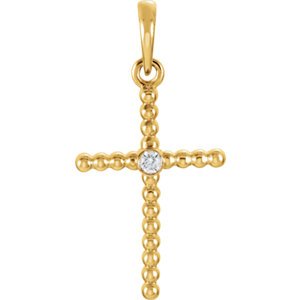 Diamond Beaded Cross 14k Yellow Gold Pendant (.02 Ct, G-H Color, I1 Clarity)
