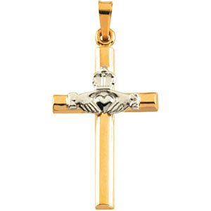 Two-Tone Hollow Claddagh Cross 14k Yellow and White Pendant (25x16 MM)