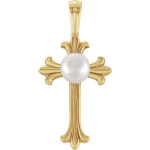 Freshwater Cultured Pearl Cross Pendant, 14k Yellow Gold (4-4.5 MM)