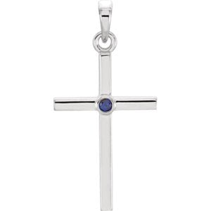 Blue Sapphire Inset Cross Rhodium-Plated 14k White Gold Pendant (22.65x11.4MM)