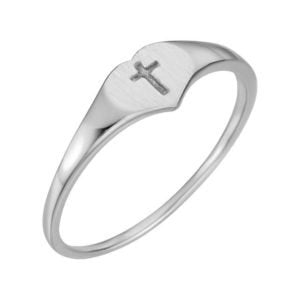 Girl's Heart and Cross 9.3mm Signet Ring, Sterling Silver, Size 5