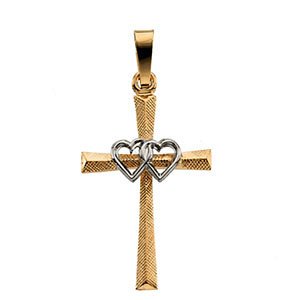 14k Gold Two Tone Cross Pendant with Double Hearts