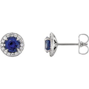 Chatham Created Blue Sapphire and Diamond Halo-Style Earrings, Sterling Silver (4.5 MM) (.16 Ctw, G-H Color, I1 Clarity)
