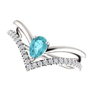 Blue Zircon Pear and Diamond Chevron Rhodium-Plated 14k White Gold Ring (.145 Ctw, G-H Color, I1 Clarity), Size 8