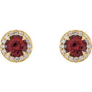 Mozambique Garnet and Diamond Halo-Style Earrings, 14k Yellow Gold (4MM) (.125 Ctw, G-H Color, I1 Clarity)