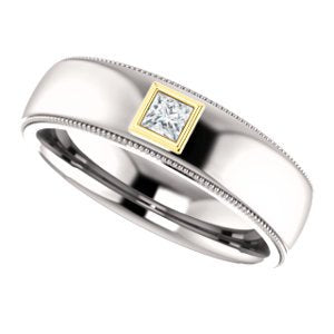 Men's Rhodium-Plated 14k White Gold Diamond and 14k Yellow Gold 6.3mm Milgrain Band (.16 Ctw, Color G-H, SI2-SI3 Clarity) Size 10.75