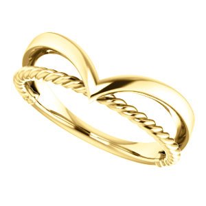 Negative Space Rope Trim and Curved 'V' Ring, 14k Yellow Gold, Size 6.25