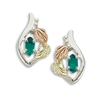 Ave 369 Created Soude Emerald Marquise May Birthstone Earrings, Sterling Silver, 12k Green and Rose Gold Black Hills Gold Motif