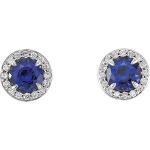 Platinum Chatham Created Blue Sapphire and Diamond Halo-Style Earrings (3.5 MM) (.16 Ctw, G-H Color, SI2-SI3 Clarity)