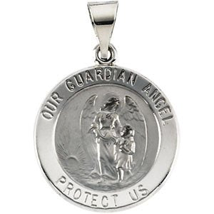 14k White Gold Hollow Round Guardian Angel Medal (18.25x18.50 MM)