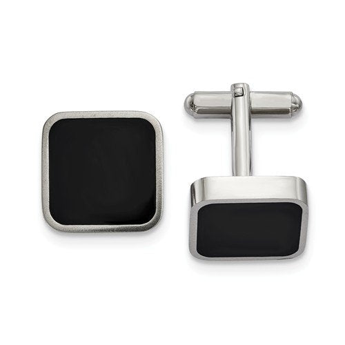 Stainless Steel Polished Black Enameled Square Cuff Links, 23.98MMX17.35MM