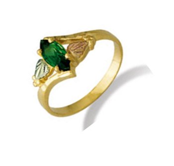 Created Emerald Marquise Bypass Ring, 10k Yellow Gold, 12k Green and Rose Gold Black Hills Gold Motif, Size 10