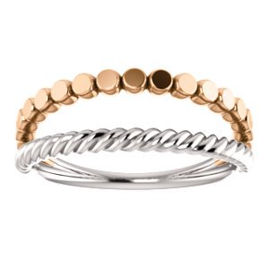 Rope Trim and Flat Granulated Bead Twin Stacking Ring, Rhodium-Plated 14k White and Rose Gold, Size 8.75