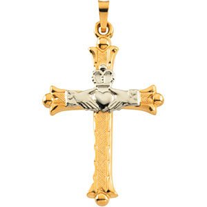 Two-Tone Hollow Claddagh Fleury Cross 14k Yellow and White Pendant (32.5x23.5 MM)