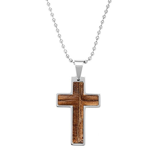 Men's Inlaid Brown Leather Cross Pendant Necklace , Stainless Steel, 23"