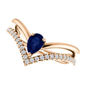 Chatham Created Blue Sapphire Pear Chevron and Diamond 14k Rose Gold Ring (.145 Ctw,G-H Color, I1 Clarity)