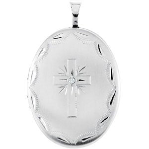 Oval Diamond Cross Sterling Silver Locket Pendant (.015 Ct.)