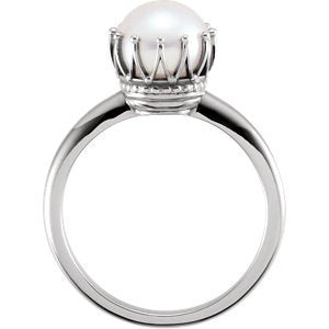 Platinum White Freshwater Cultured Pearl Crown Ring, (6.00-6.50mm) Size 6.25