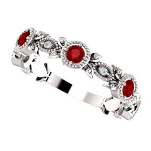 Ruby and Diamond Vintage-Style Ring, Rhodium-Plated 14k White Gold, Size 7.5
