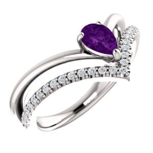 Amethyst Pear and Diamond Chevron Platinum Ring ( .145 Ctw, G-H Color, SI2-SI3 Clarity)