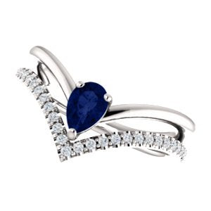 Chatham Created Blue Sapphire Pear and Diamond Chevron Rhodium-Plated 14k White Gold Ring (.145 Ctw, G-H Color, I1 Clarity)