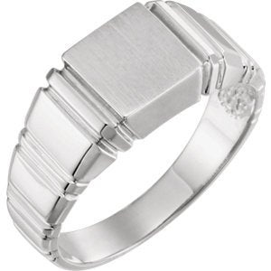 Men's Open Back Square Signet Semi-Polished 10k X1 White Gold Ring (9mm) Size 10